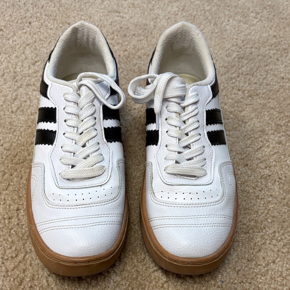 Classic White and Black Sneakers with Brown Sole